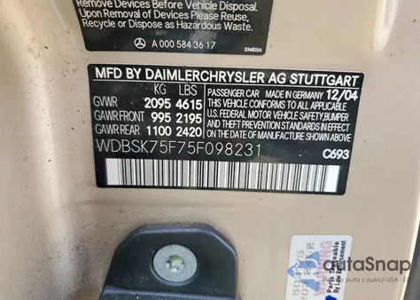 2005 Mercedes-Benz Sl 500 z USA, uszkodzony, nr VIN WDBSK75F75F098231